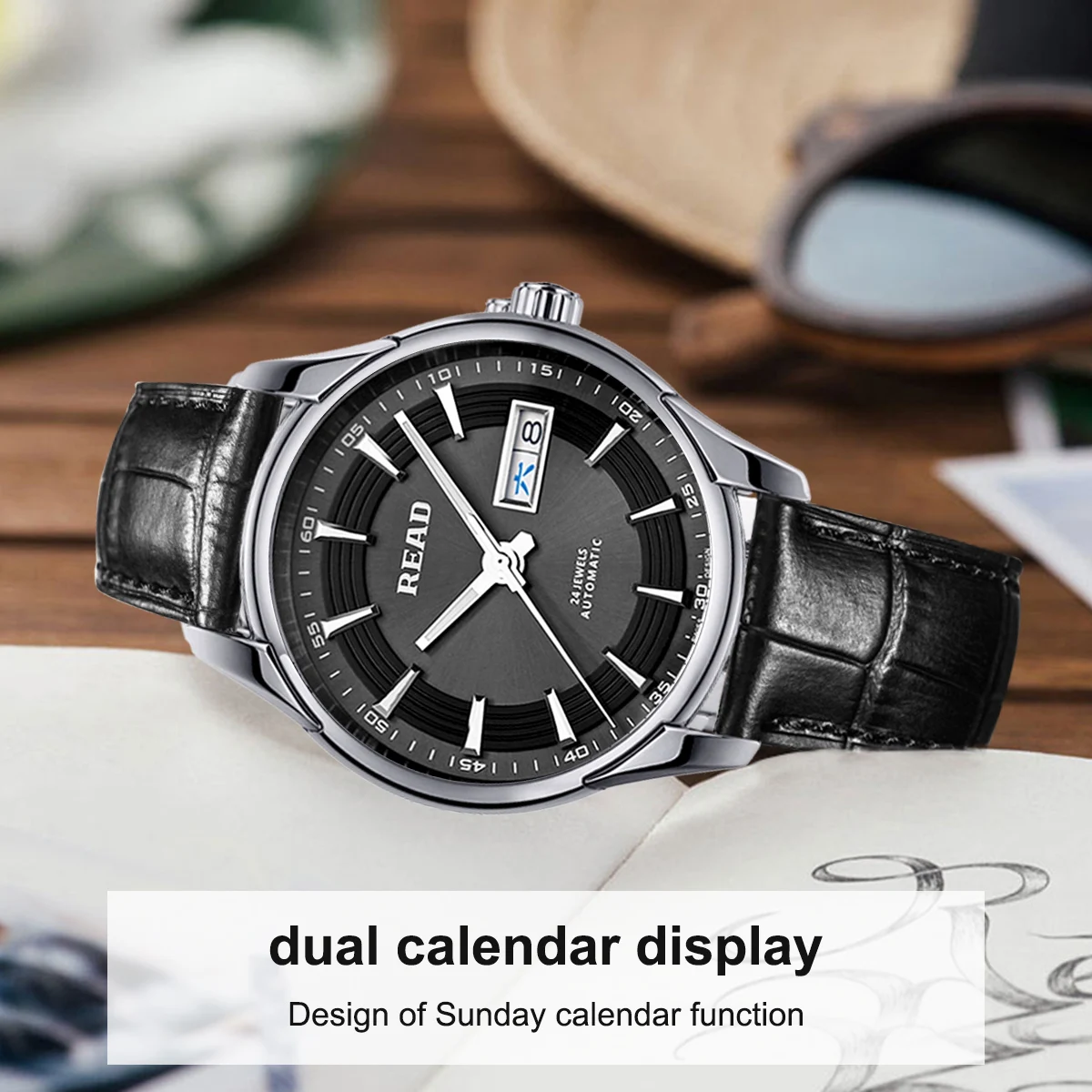 READ Men Automatic Watch | Black Leather Strap | Black Dial Day‑Date Display | Hard Glass Mirror | 50M Water Resistant