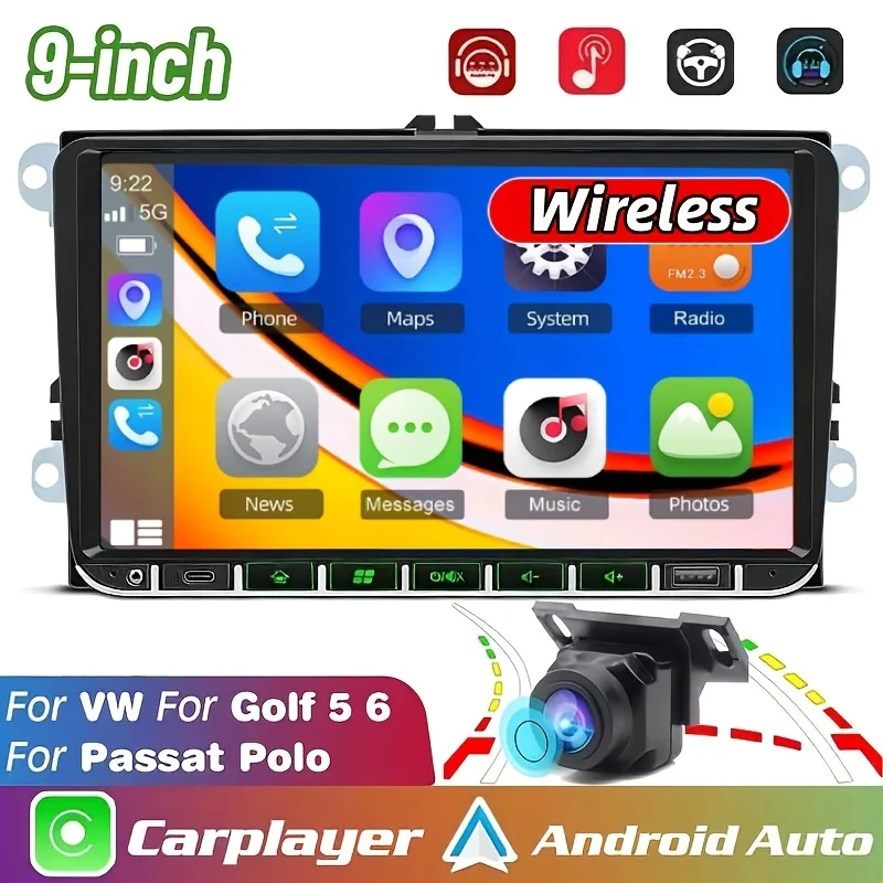 9in Car Stereo MP5 Player,Wireless Carplayer Android Auto Multimedia Radio with Steering Wheel Control SWC Seamless Integration