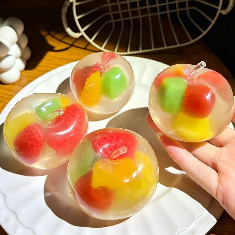 Moldable Transparent Apple Jelly Squeeze Ball Squishy Filled with Strawberry & Orange Anxiety Calming Sensory Stress Relief Hand