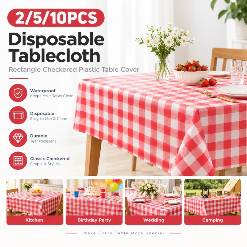 2/5/10PCS Checkered Tablecloth Waterproof Plastic Table Cover Rectangle Red White for Kitchen Home Party Wedding Camping Use Set