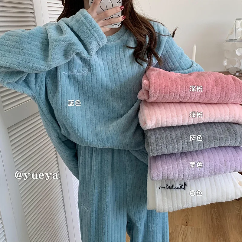 New Women Pyjamas Sets Warm Pajama Flannel Thick Homewear Long Sleeve Cartoon Sleepwear Female Pant Sets Suit Wearable 2 Piece