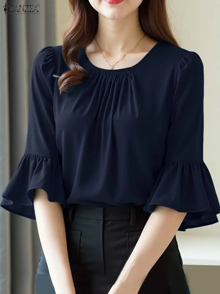 ZANZEA Office Women Blouse Summer Elegant Shirt Women O Neck 3/4 Sleeve Blusas Elegant Solid OL Work Tops Tunic Femme Mujer 2025