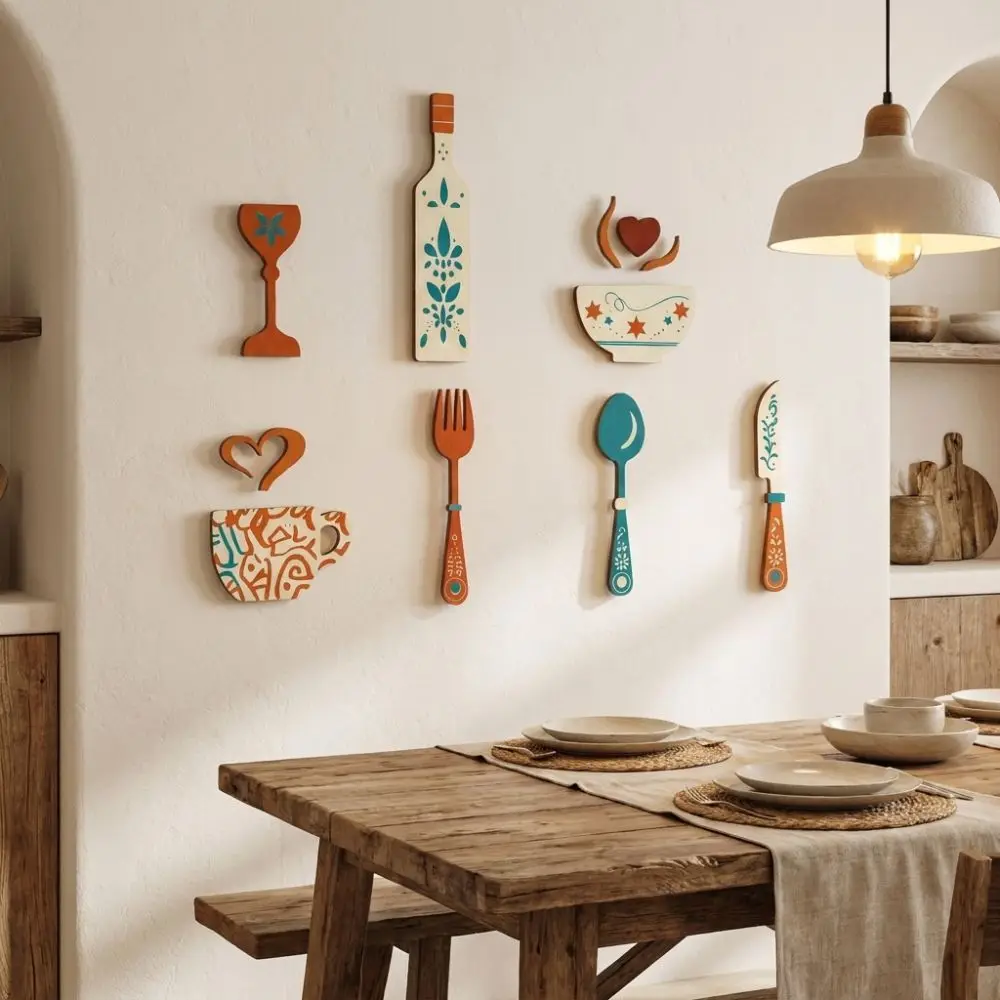 Vintage Wood Floral Kitchen Utensil Pendant Farmhouse Style Coffee Cup Wine Bottle Rustic Wall Sticker Ornaments Hand-painted
