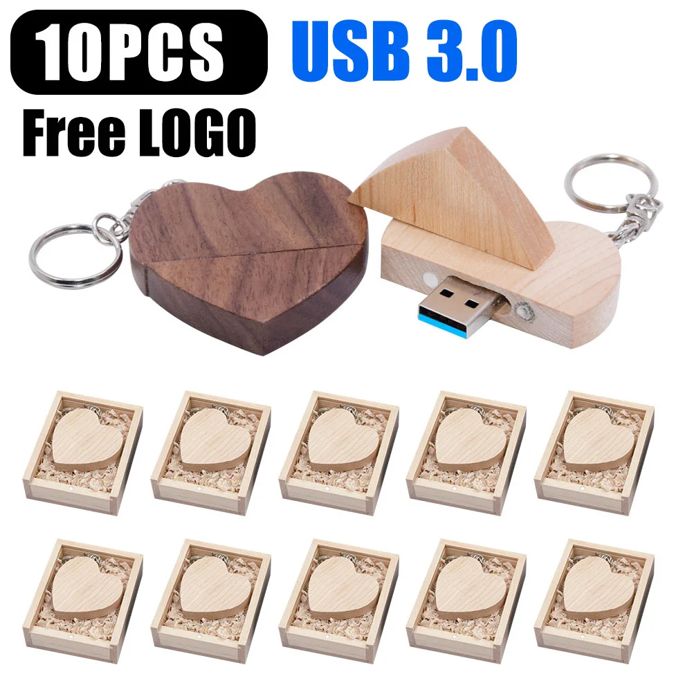 

10 шт. деревянный флэш-накопитель USB 3.0 в форме сердца, бесплатный индивидуальный флэш-накопитель с логотипом, 128 ГБ, 64 ГБ, с брелоком для памяти, свадебный подарок