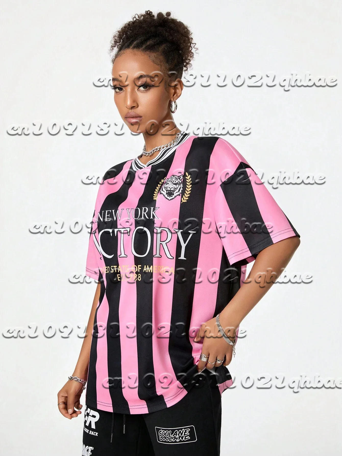 Fußball-T-Shirt mit V-Ausschnitt, gestreift und rosa Muster, modisches, kurzärmeliges, atmungsaktives, schnell trocknendes, lässiges T-Shirt-Oberteil für Damen