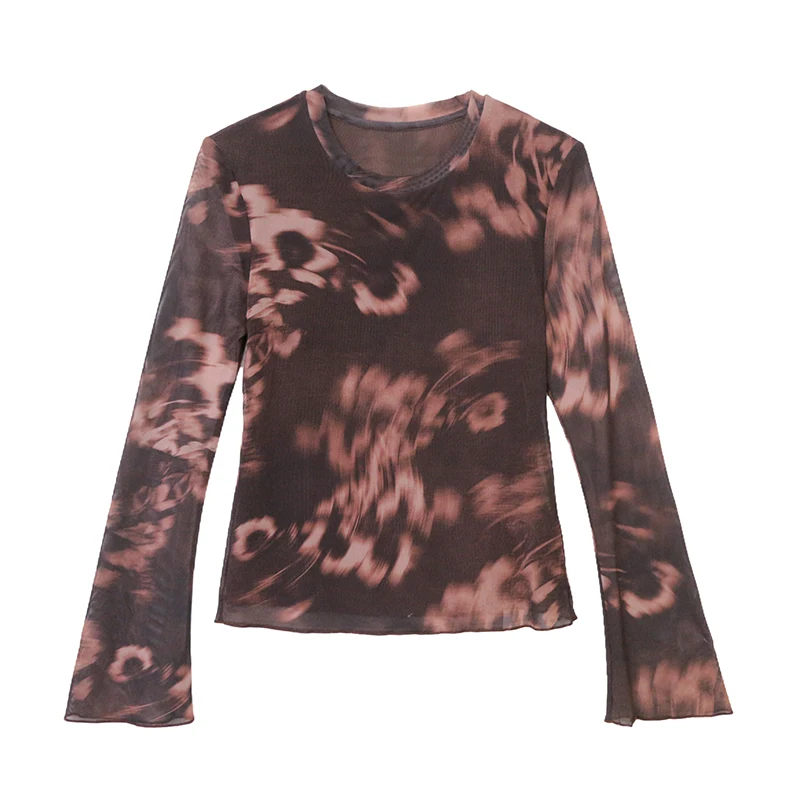 

New,Gray,Spring,Korean,Style,Mesh,T-Shirt,Chic,Sexy,O-Neck,Tie-dye,Print,Women,Tops,Flare Sleeve,Pullover,All Match,Tees,59502