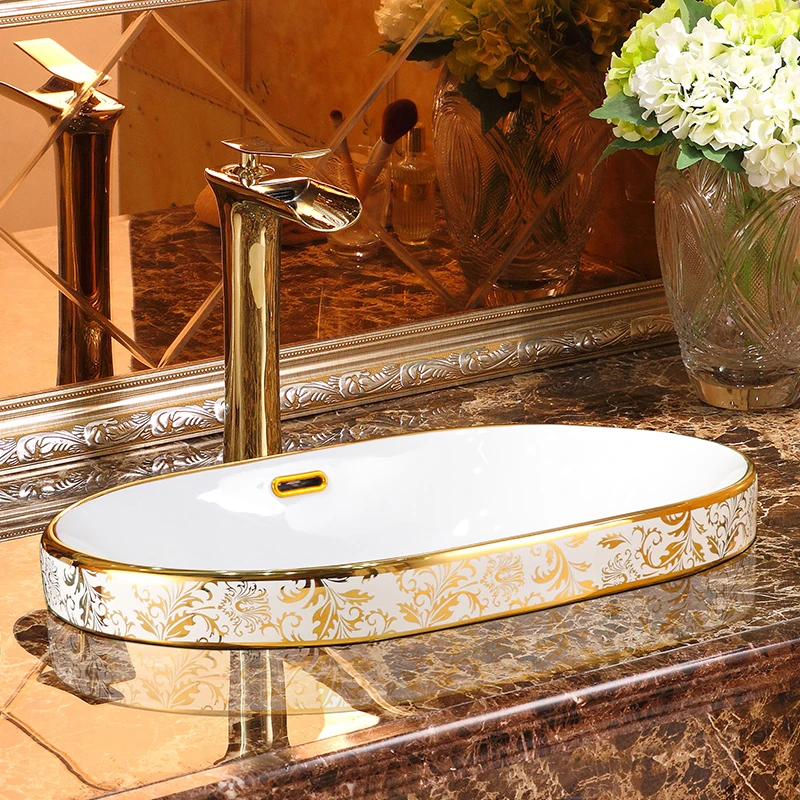 European-style golden basin semi-embedded basin ceramic oval washbasin