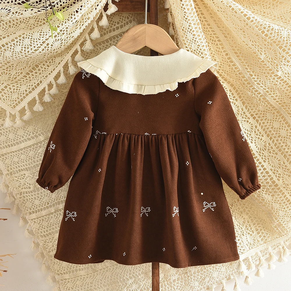 Braunes Schleifenkleid mit langen Ärmeln für Babymädchen, Herbstmode, neue Partykleider für Mädchen, niedlicher Puppenkragen, Freizeitkleidung – Detail 24