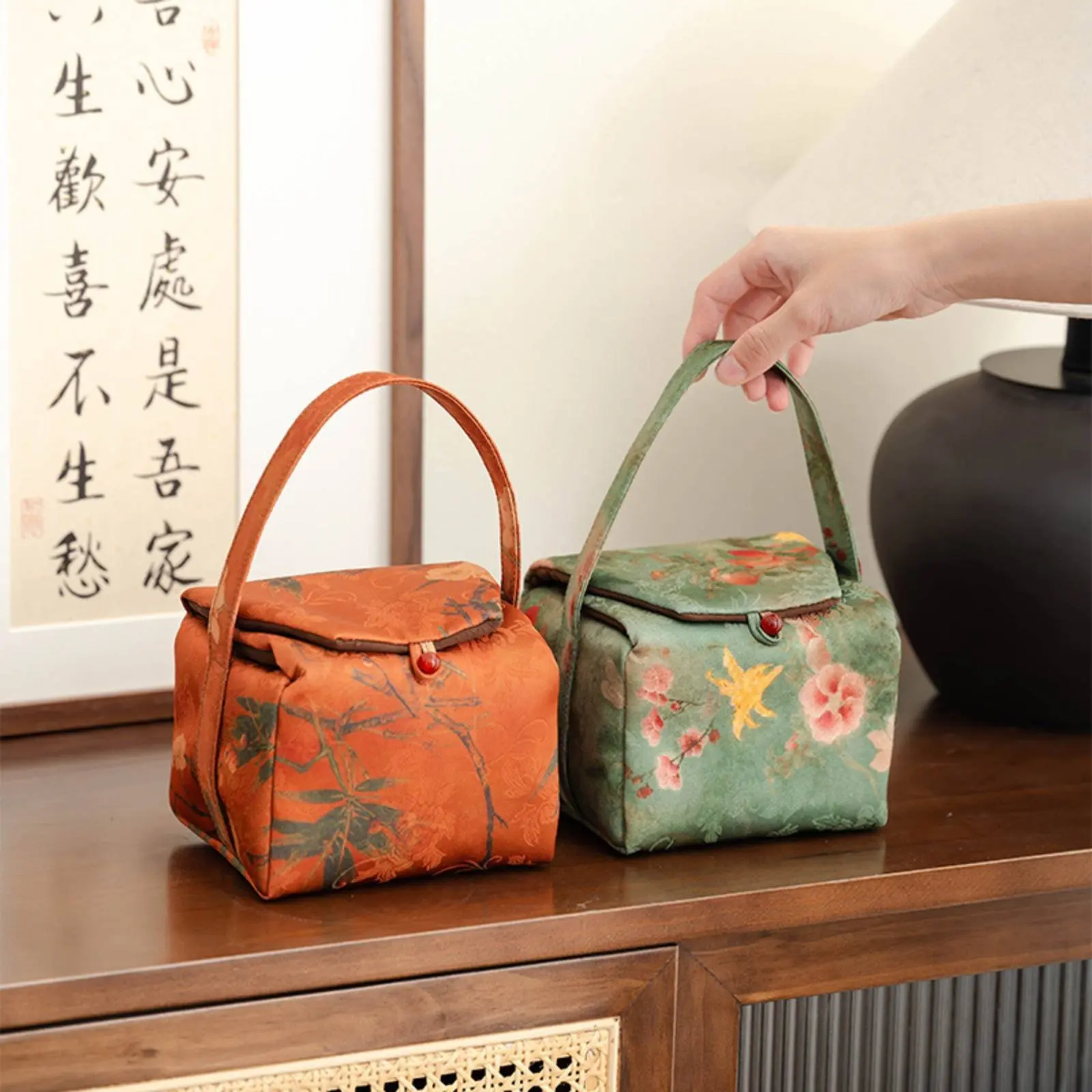Immagine 3: Contenitore Portatile per Set da Tè, Borsa Artigianale in Stile Cinese per Cerimonia del Tè all'Aperto