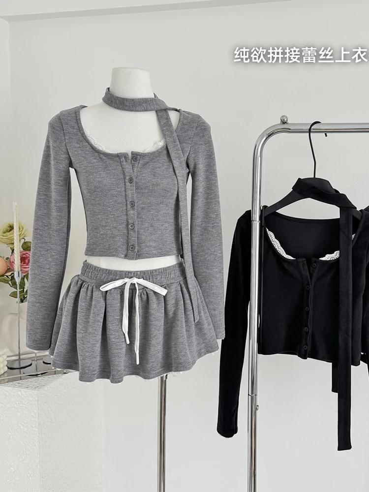 Autumn Winter Women Cute 2000s Aesthetic Ballet Core Outfits 2 Piece Set Long Sleeve Cardigan Crop Tops + Mini Skirts Culottes