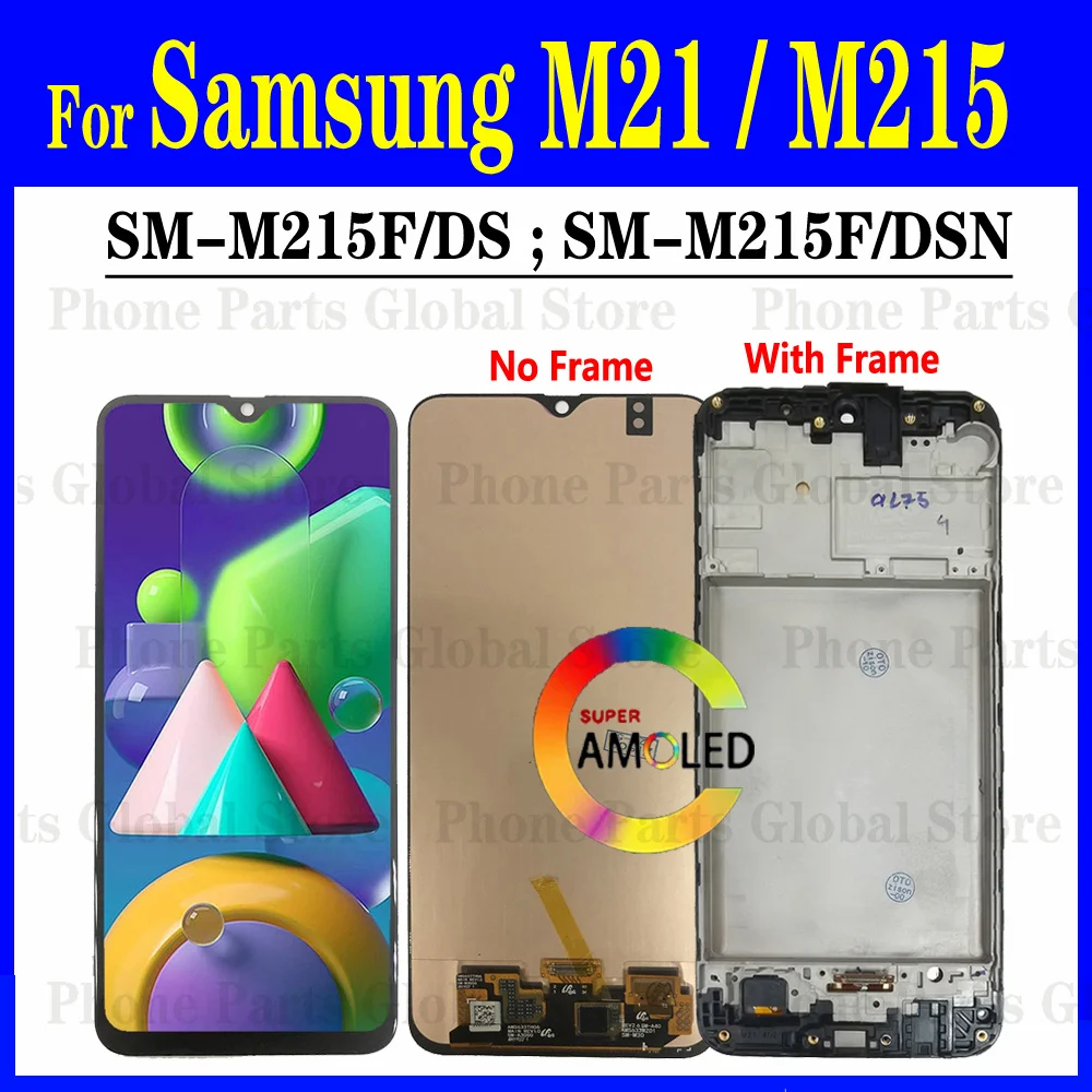 Super AMOLED M21 LCD For Samsung Galaxy M21 LCD With Frame M215F Display SM-M215F/DS M215F/DSN Screen Touch Digitizer Assembly