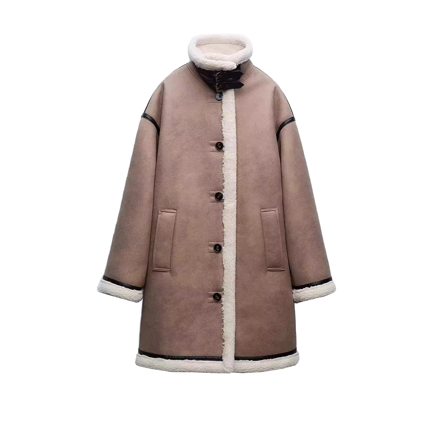 เสื้อโค้ทผู้หญิงแบบสองด้าน แขนยาว คอตั้ง รุ่นใหม่สำหรับฤดูหนาว ดีไซน์เรียบง่าย ติดกระดุมเม็ดเดียว รุ่น 8073256