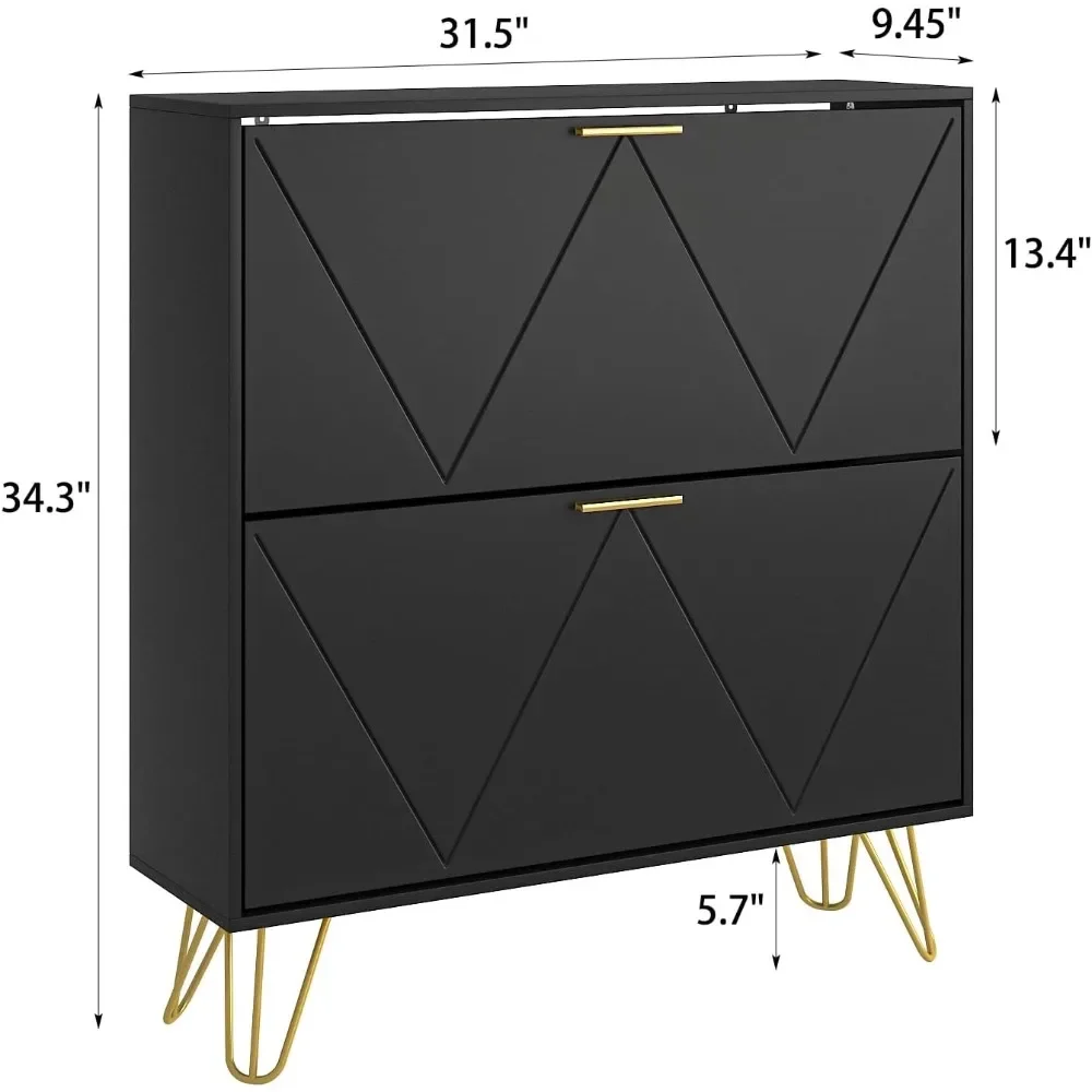 Shoe Cabinet with 2 Flip Drawers, Black Shoe Storage Cabinet, Slim Wooden Freestanding Rack, Organizer with Fluted Panel