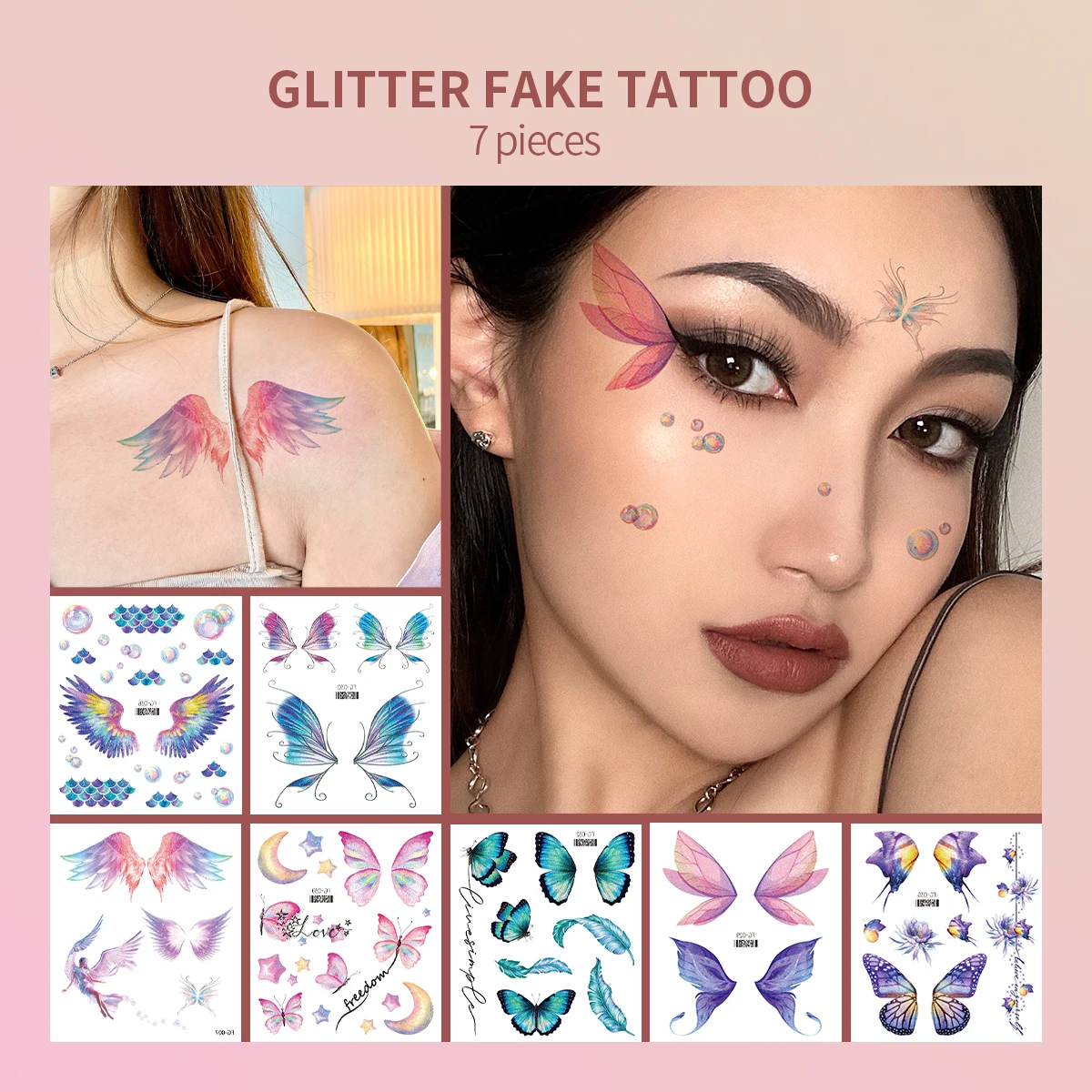 

7pcs Glitter Powder Temporary Tattoo Colored Butterfly Fairy Face Body Sticker Gradient Color Butterfly Wing tatouage temporaire