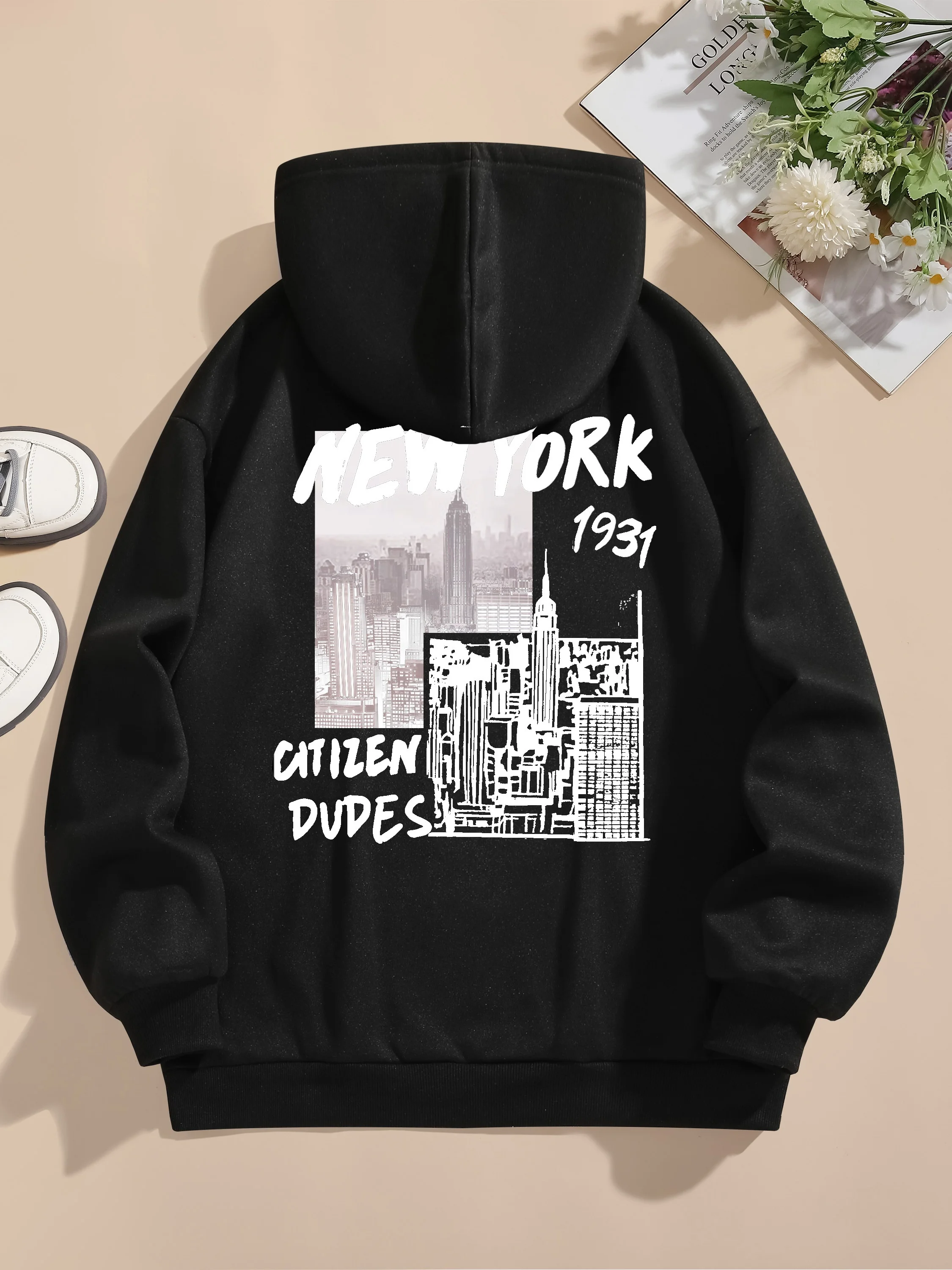 Moletom com cordão de Nova York, moletom casual de manga comprida com ombro caído, roupas femininas