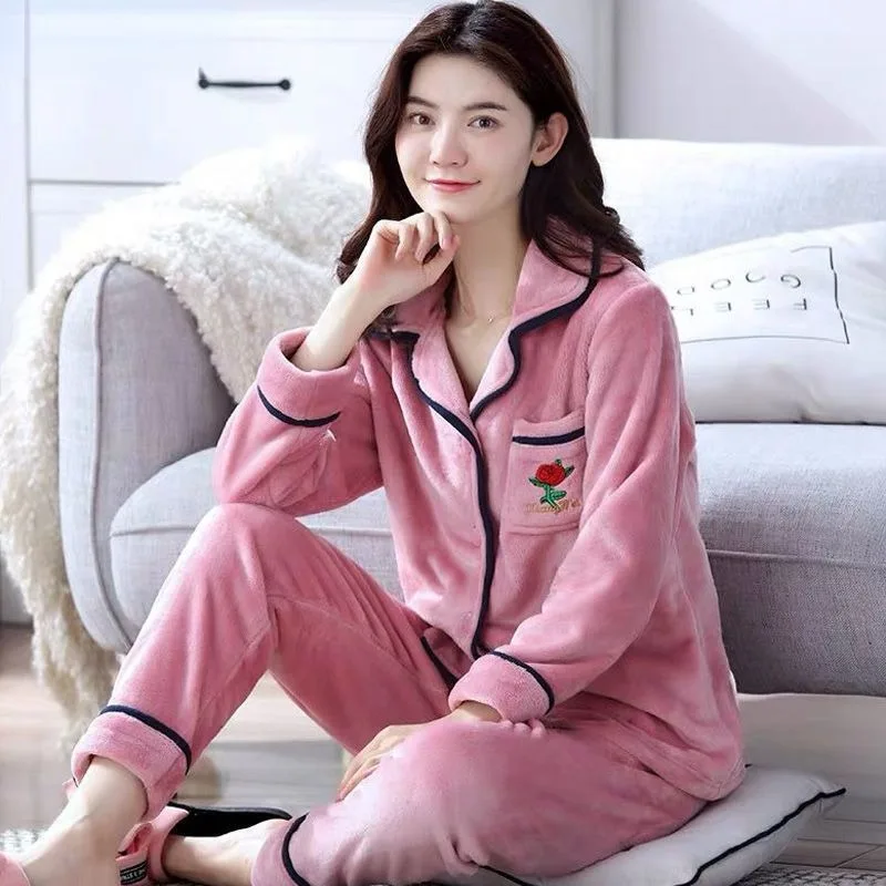 2023 New Autumn Winter Thick Flannel Pajamas Cute Two-piece Homewear Cardigan Plus Size Nursing Clothes Coral Velvet Loungewear