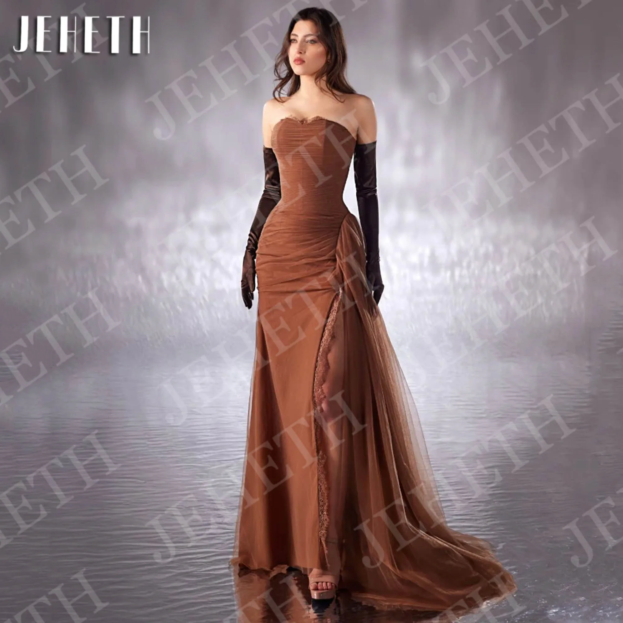 

JEHETH Mermaid Evening Dresses 2025 Sleeveless Formal Occasions Strapless Tulle Side Slit Party Dress Woman Customized Brown