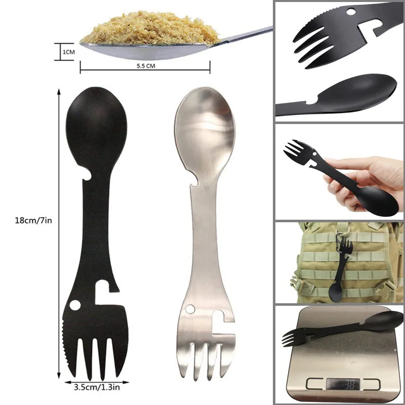 Outdoor Survival Tool 5-in-1 Camping Multi-Functional EDC Practical Set: Fork, Knife, Spoon, Bottle/Can Opener, Hiking Gadget