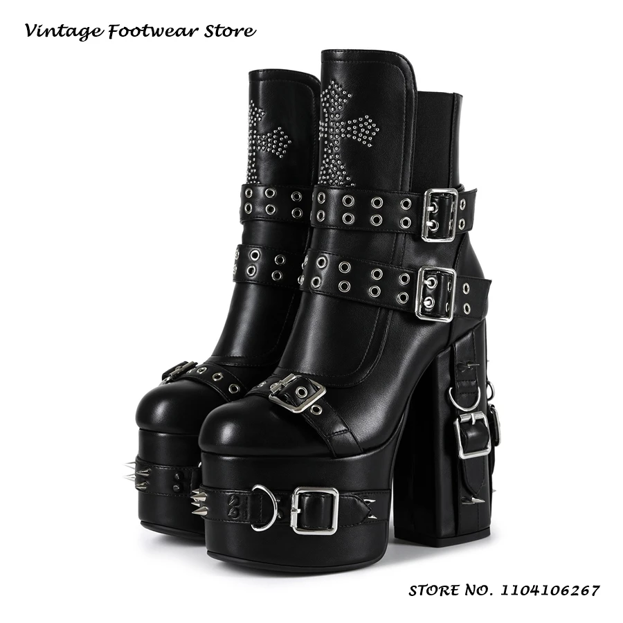 Gothic Belt Buckles Platform Booties Punk Round Toe Block Heels Plus Size Shoes Women's Fashion Street Style Zipper Ankle Boots