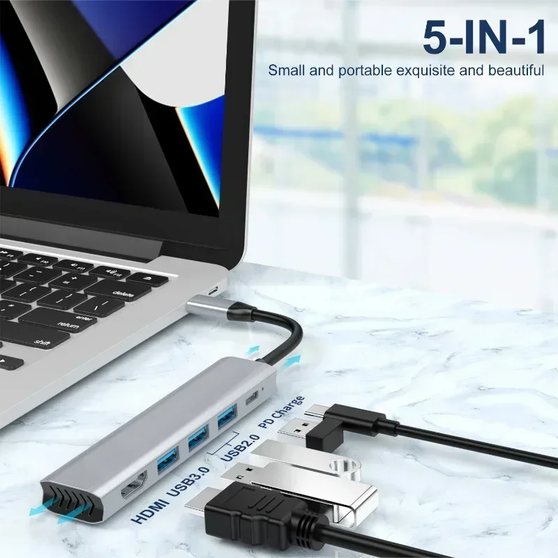 USB HUB 4K HD محول TYPE-C إلى HD 5-in-1 USB-C إلى HD hub 4K توسيع الكمبيوتر المحمول لـ MaBook Pro Ar M2 M1 مع usb3.0 PD