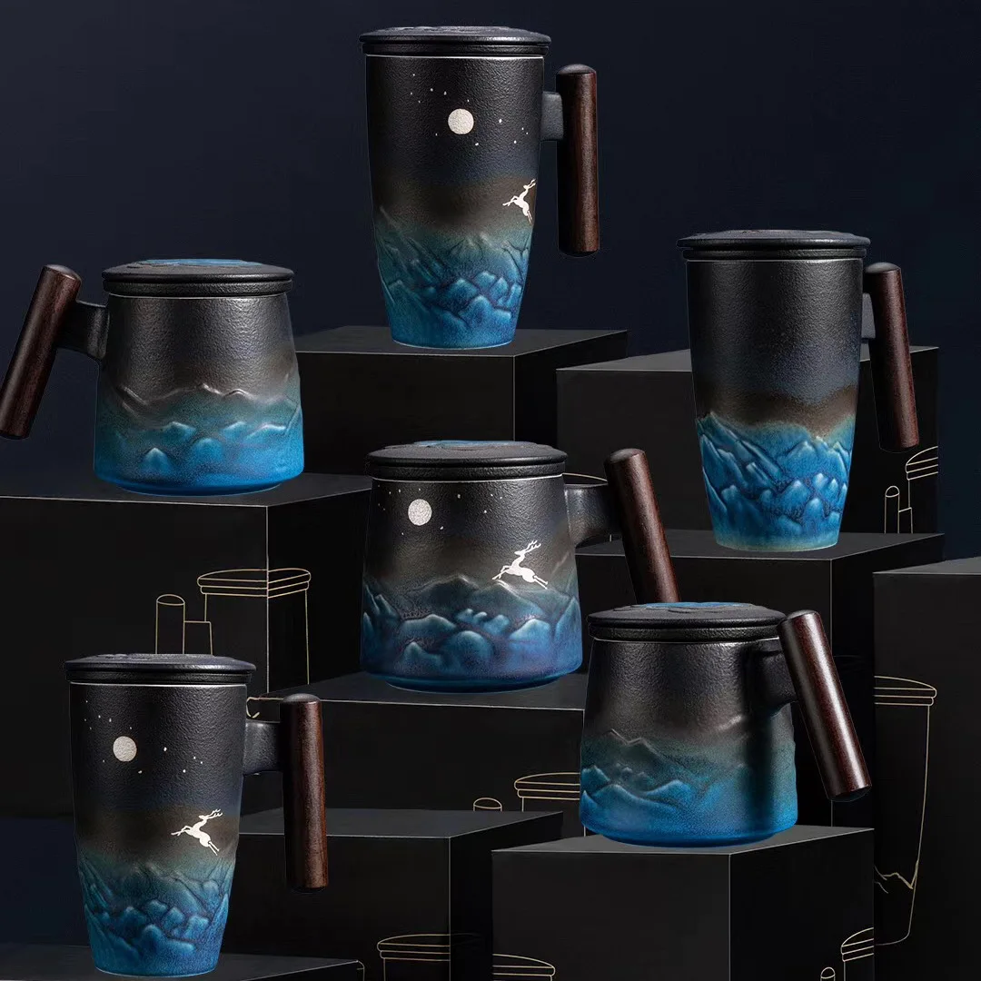 Creative Retro Tea Cup Ceramic Mug Large Capacity Office Filter Blue Black Water Cup with Cover Mugs Wooden Handle Cups Gift Box