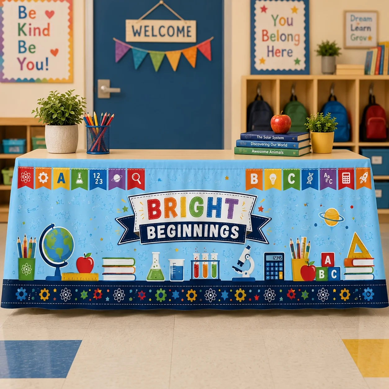 1-Pack, Bright Beginnings Educational Table Skirt, suitable for classroom decoration, pie and learning themes - alphabet flags,