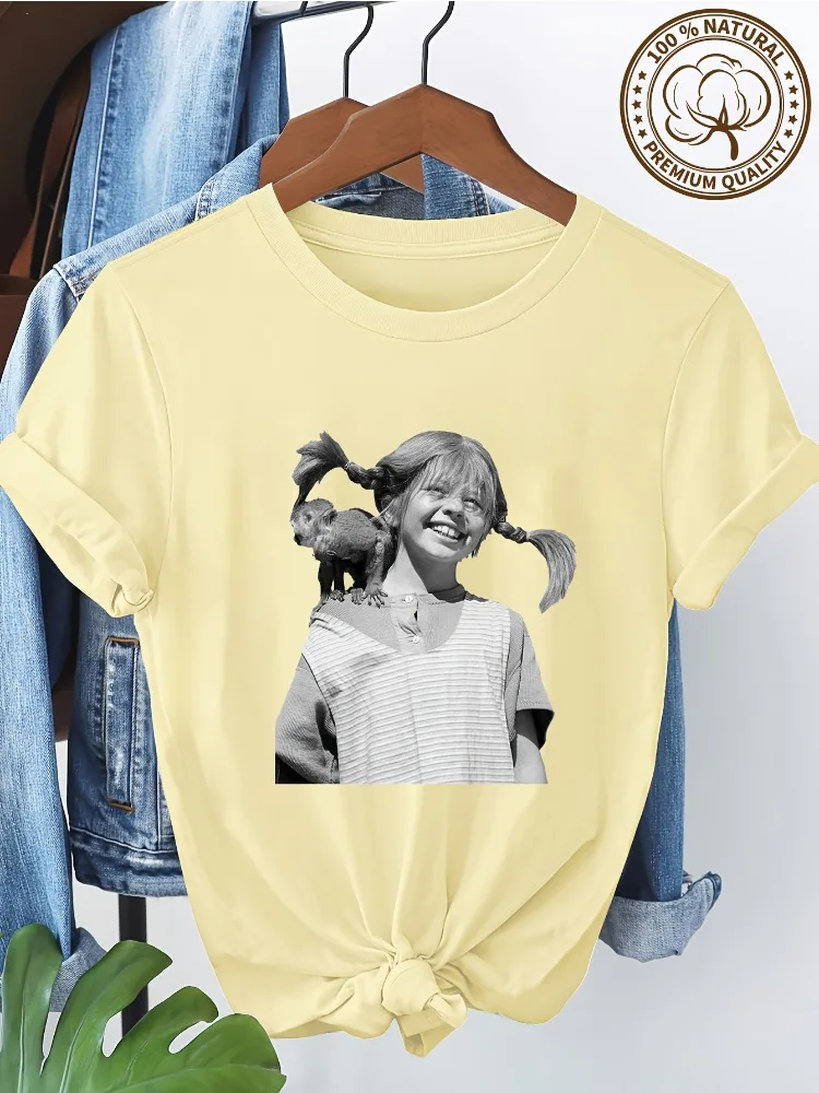 Women's Printed T-shirt Featuring A Classic Portrait Design and A Small Monkey; Cotton Crew Neck Short Sleeves