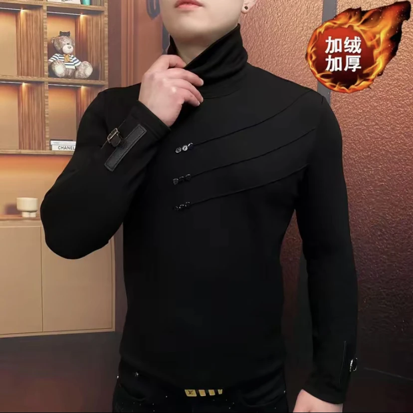 Autumn Winter Long Sleeved T-shirt for Men Thick and Warm High Necked Pullover Casual Social Streetwear Tee Tops Men Clothing