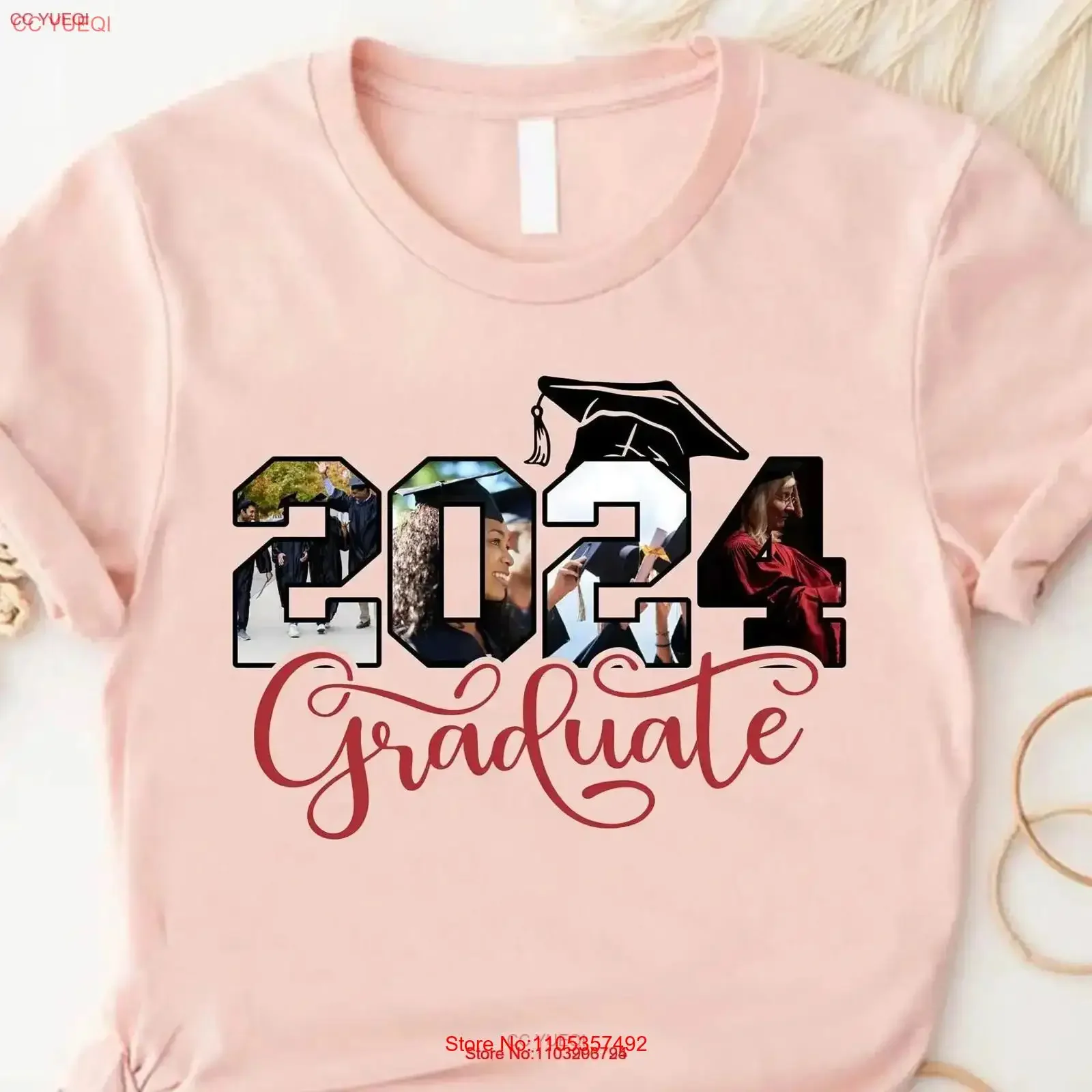 Customize 2024 Graduate Photo T Shirt Personalized Graduation Add Pictures Inside Numbers Class Of vintage Washed Casual