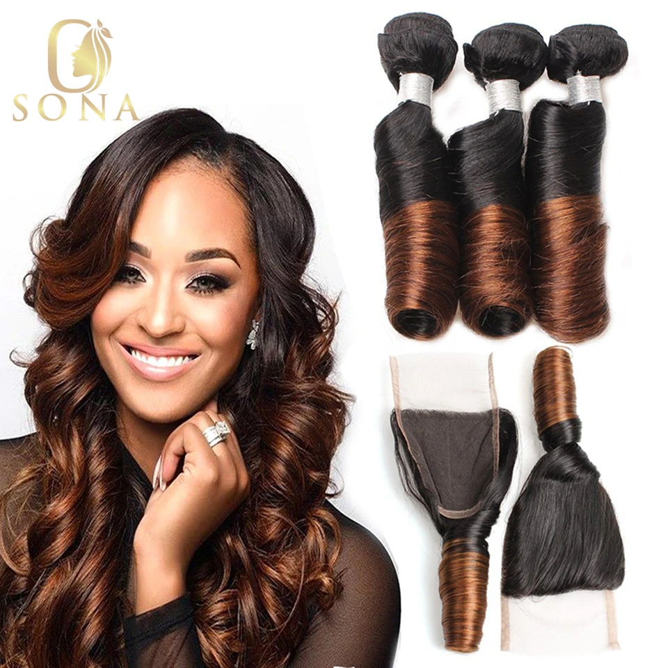 

1B/27 Коричневые Ombre Перуанские Свободные Волнистые Пучки С Застежкой 4x4 Реми Наращивание Волос Пучки Человеческих Волос с Застежкой 1/3/4 Шт.