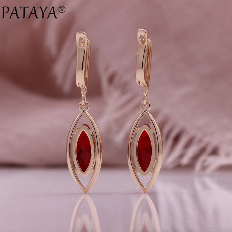 PATAYA Hot Trend 585 Rose Gold Color English Earrings for Women Oval Red Natural Zircon Accessories Bride Wedding Jewelry Gift