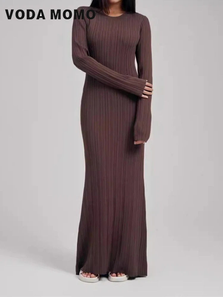 

Трикотажное платье, женское модное винтажное уличное платье, однотонное тонкое платье с длинным рукавом и круглым вырезом, миди, 2024, новые осенне-зимние платья