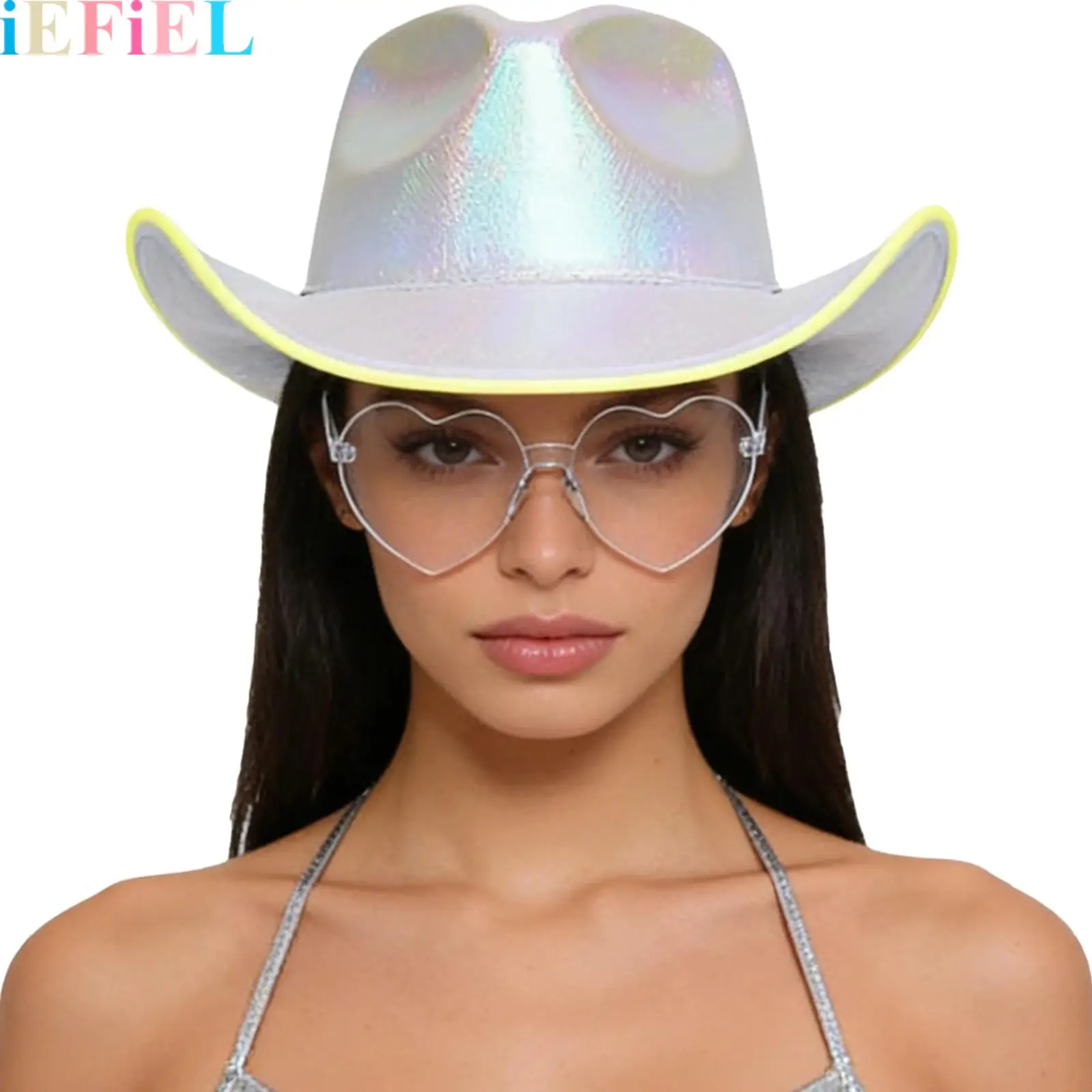 

Women Light-Up Cowboy Hat with Heart Shaped Glasses Set for Irish Cowgirls Hat St Patrick Day Party Dress Up Accessories