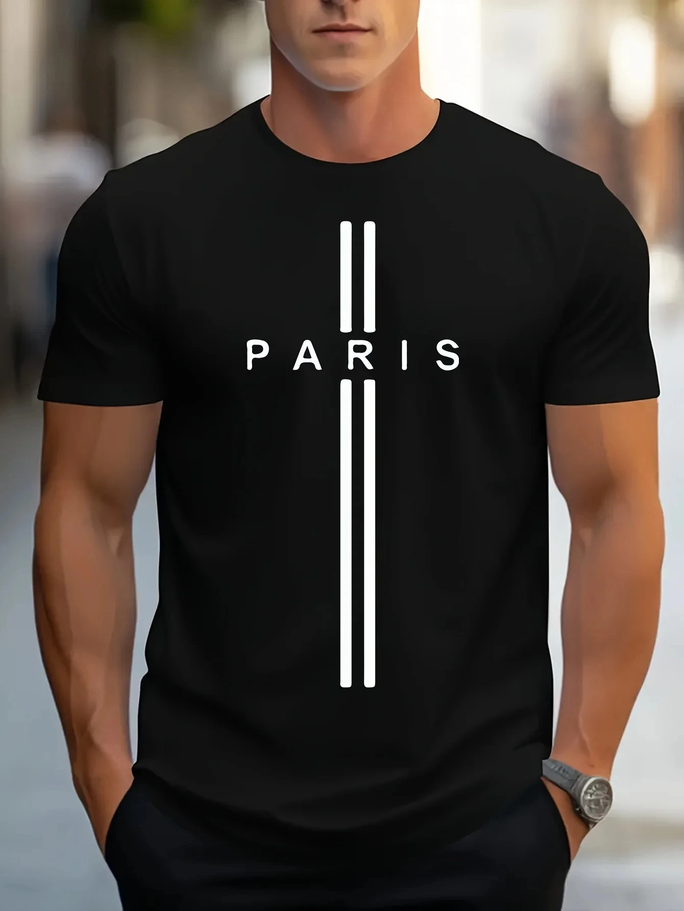 3D printed men's loose summer T-shirt, Paris printed round neck casual tight T-shirt, short sleeved T-shirt image 3