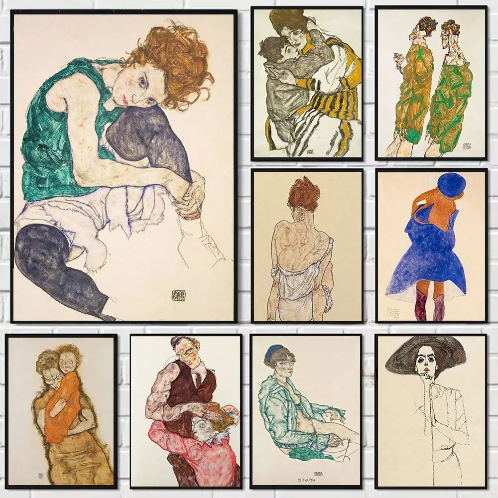 Egon Schiele Poster Naked Body Color Sketch Figure Poster Wall Art Canvas Painting Modern Home Decor for Living Room