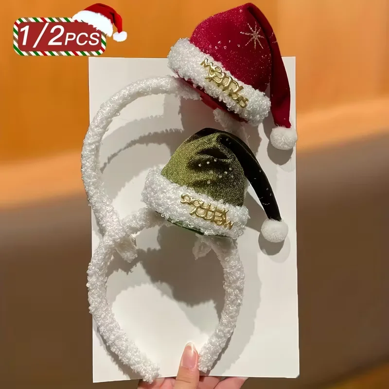 1/2 قطعة على طراز السيدات، عصرية ولطيفة، إكسسوار شعر عيد الميلاد، كرة قطيفة، عصابة رأس قبعة عيد الميلاد، زينة عيد الميلاد