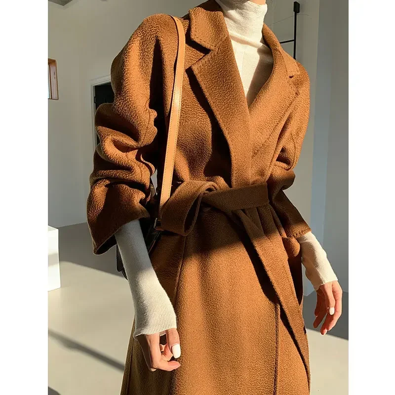 

Wholesale cashmere high-end light luxury water ripple big pocket nightgown loose double-sided wool coat woolen coat women