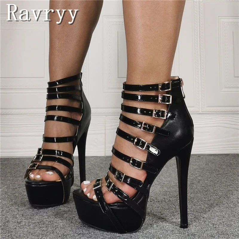Sexy Black Patent Leather Gladiator Platform Heels for Women, Multiple Buckle Straps Stiletto Sandals Open Toe Party Club Shoes