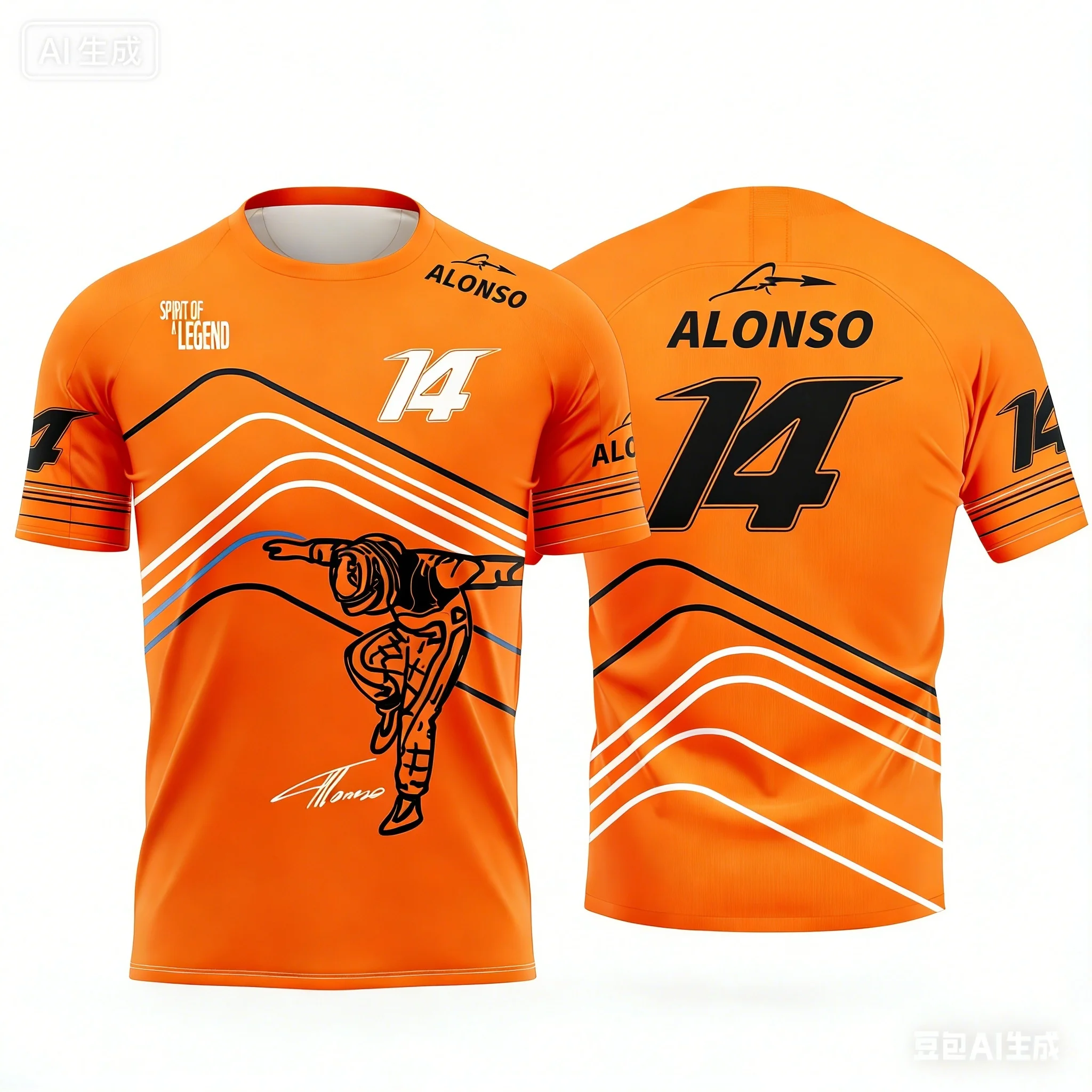 Alonso No.14 Racing Theme Short-sleeve T-shirt Casual Breathable Round Neck Top for Men and Women