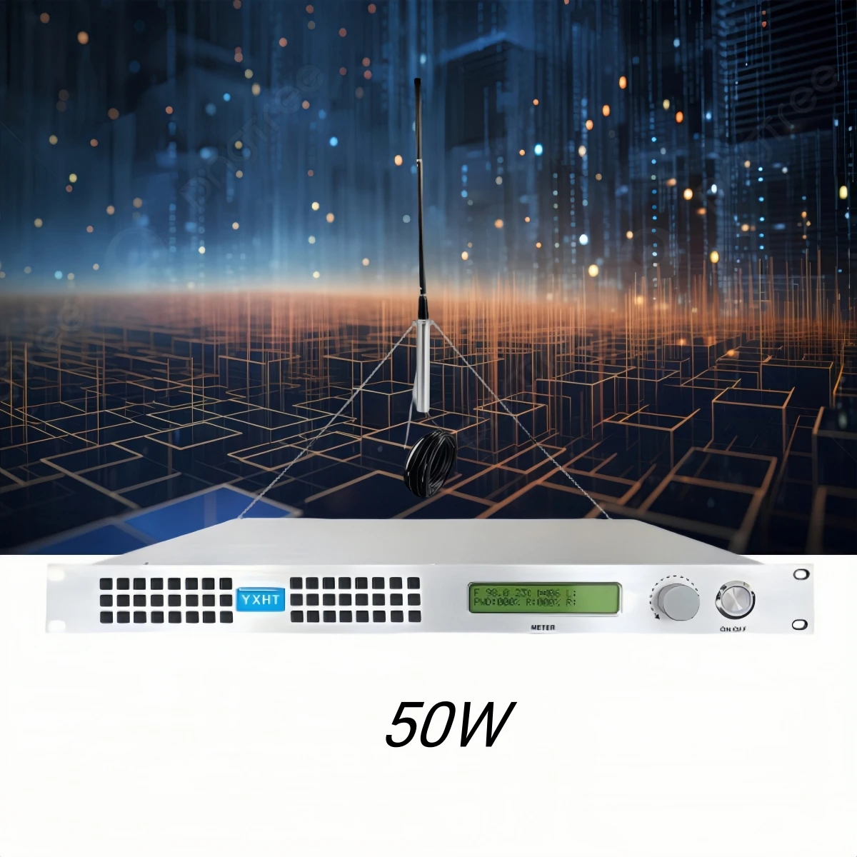 

HP- Stable output signa: YXHT-1 50W FM Transmitter Bundle with Antenna & Cable (87.5-108MHz)