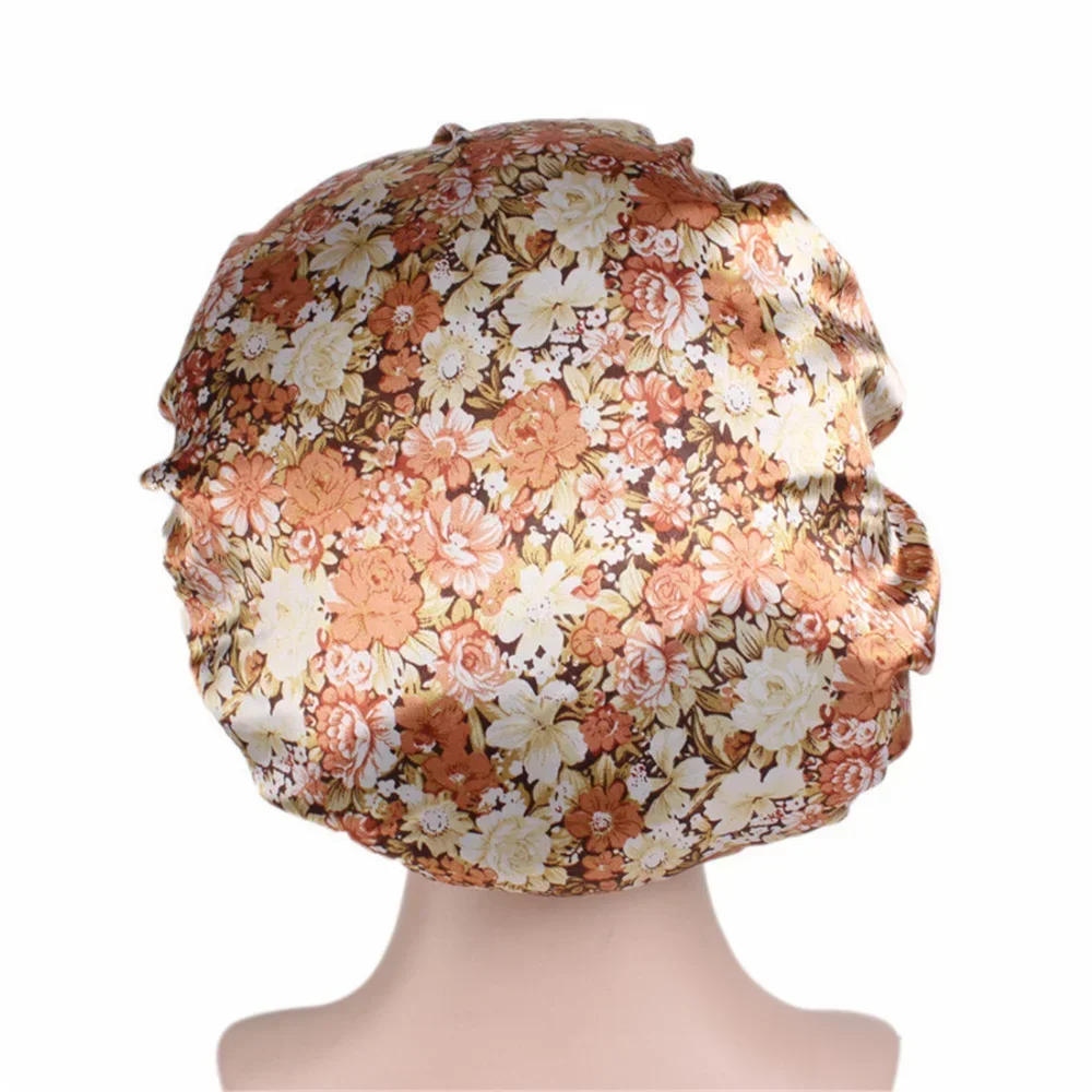 المرأة الساتان بونيه مرونة واسعة النطاق الأزهار الطباعة ليلة النوم قبعة فقدان الشعر رئيس التفاف العلاج الكيميائي العناية بالشعر دش ماكياج حمام قبعات #6