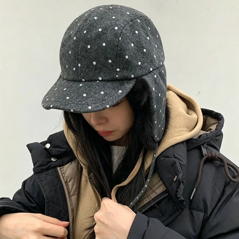 Korean Ins Polka Dot Woolen Ear Protector Baseball Cap Winter Outdoor Thick Plush Warm Strap Cycling Bomber Hats for Women's