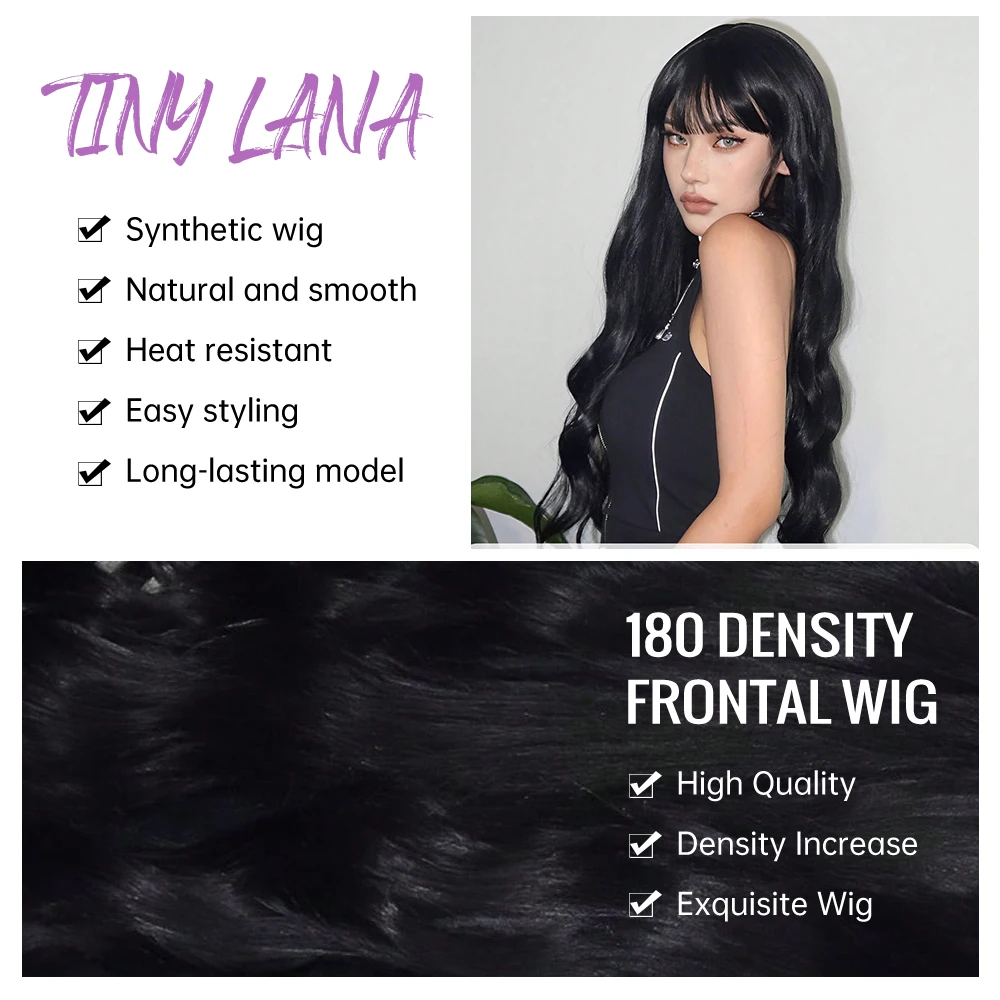 Naturalne czarne kręcone długie faliste peruki syntetyczne z grzywką dla białych kobiet Body Wave Dark Cosplay Lolita Hair Wig Odporne na ciepło