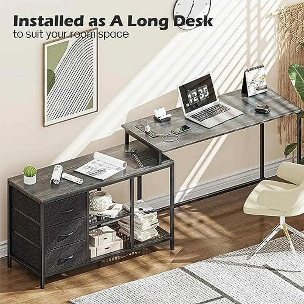 Corner Gaming Desk with Power Outlets & USB Ports L-Shaped Computer Desk with Drawers & Shelves Home Office Gray Shelf Desk