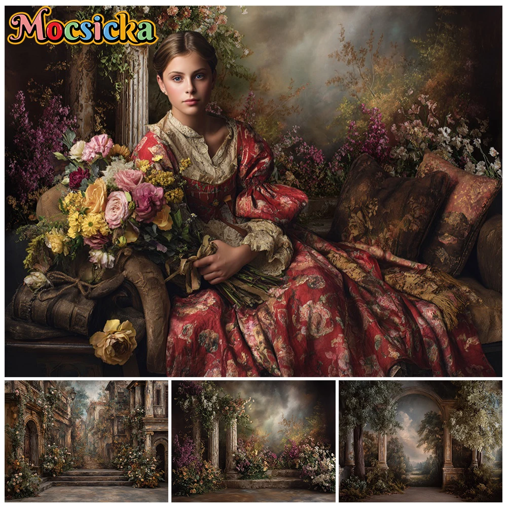 Mocsicka Vintage Floral Greek Column Backdrop Renaissance Oil Painting Photography Background Bridal Portrait Wedding Photoshoot