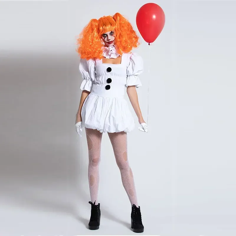 

Halloween Funny Naughty Joker Circus Clown Costume For Women Masquerade Party Cosplay Outfit Horror Scary Clown White Dress
