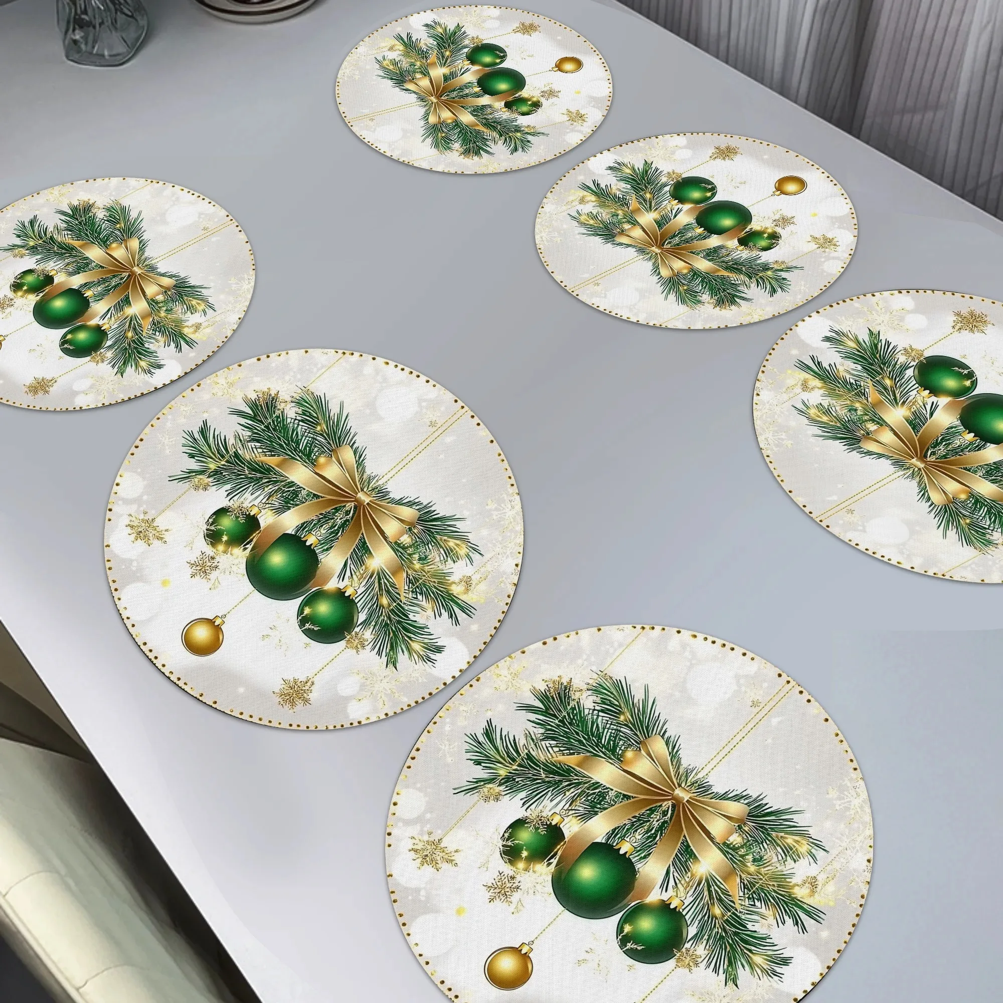 VIKAMA 6PC Christmas Gold Pine Meal Mat Round Home Dining Table Desktop Decoration and Accessories