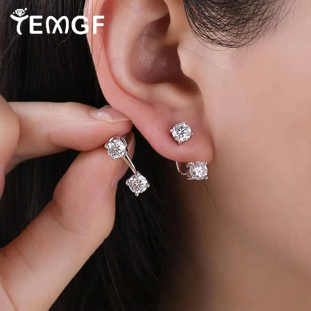

TEMGF 5 мм муассанитовые серьги-гвоздики с держателем из стерлингового серебра GRA 925 пробы 2 в 1 с пирсингом для женщин, модные ювелирные изделия, 2 карата/пара