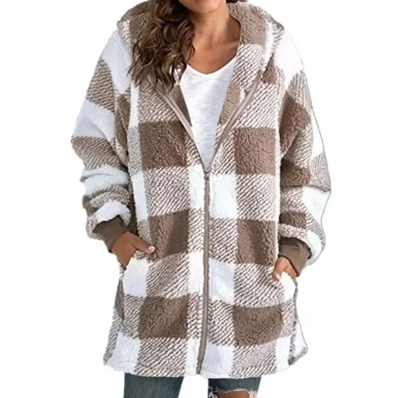 Womens Polar Fleece Long Sleeve Coat Fashion Plaid Casual Loose Pocket Zip Hooded Pullover Jacket Office Commuter Street Outwear