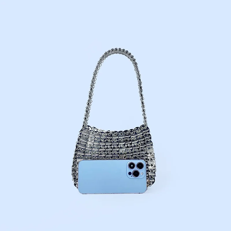 WGSTART Trendy Shiny Metal Sequins Bucket Bag Women Chic Handmade Woven Bag Evening Clutch Purses Handbags Ladies Bags Dinner